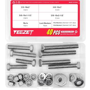 100PCS 1/4-20x1", 1-1/2", 2", 2-1/2", 3" Stainless Steel Hex Head Screws Bolts and Nuts Flat & Lock Washers Assortment Kit, 304 Stainless Steel 18-8,Fully Machine Thread, Bright Finish