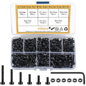 Small Metric Screws and Nuts, 420 Pcs Hex Socket Head Cap Screws and Nuts Assortment Kits, Alloy Steel Black 3D Printer DIY Screws and Nuts for Home, Industrial