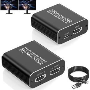 8K@60Hz HDMI Splitter 1 in 2 Out, HDMI 2.1 Splitter 1×2 Support 1 HDMI Source to 2 Displays, 8K 4K HDMI Splitter Dual Monitors Duplicate Ultra HD HDR VRR for Xbox PS5/4/3 Roku TV