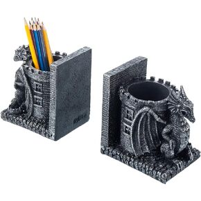 MyGift Black Resin Dragon Decorative Bookends and Pencil Holder for Desk - Office Supplies Fantasy Dragons Tower Pen Cups Bookends (Pair)