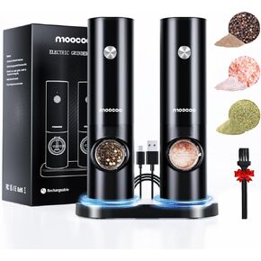 Moocoo Upgraded Electric Salt and Pepper Grinder Set with Fast Rechargeable Base & LED Light, Large Capacity, Adjustable Coarseness, Automatic One Hand Operated Salt Pepper Mill Grinder Refillable
