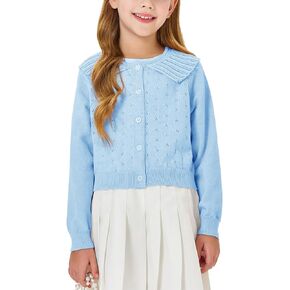 Girls Peter Pan Collar Cardigan Kids Cute Button Down Hollow Out Kit Tops Clothes 4-14 Years