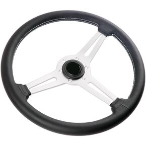 Universal Flat Drift Steering Wheel Wrapped Genuine Leather with White Stitching 14 inch Racing Sport Steering Wheel Black Spokes