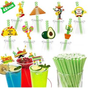 TURNMEON 48Pcs Cinco De Mayo Fiestas Paper Striped Straws Mexican Fiestas Party Favors 12 Different Designs for Fun Fiestas Taco Party Supplies Mexican Theme Carnivals Festivals Birthdays Party Favors