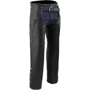 Milwaukee Leather Chaps for Men's Black Naked Leather - Thigh Pocket with Zipper Mesh Lined Motorcycle Chap- ML1190