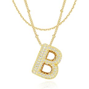 QILMILY Bubble Letter Necklace Gold, Layered 18k Gold Plated Bubble Initial Necklace, Zirconia Balloon Initial Pendant, Gold Necklace for Women Girls