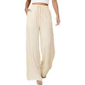 Jyanl Womens Linen Pants Casual Wide Leg Pants Summer Palazzo Pants Loose Flowy Beach Pants Drawstring Elastic Trousers