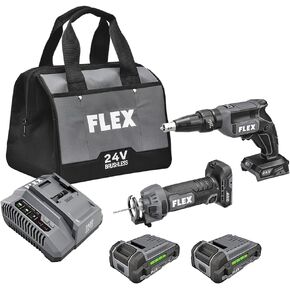 FLEX 24V Brushless Cordless 2-Tool Combo Kit: Drywall Screw Gun with Magazine and Cut Out Tool with (2) 2.5Ah Lithium Batteries and 160W Fast Charger - FXM203-2A
