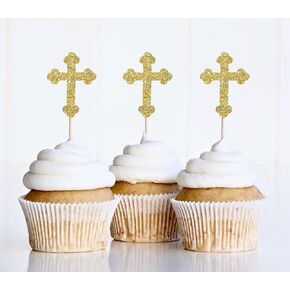 12 x Gold Christian Cross Cupcake Topper | Christening Cupcake Topper