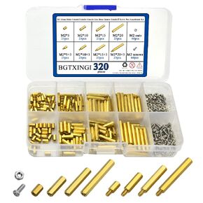 XINGYHENG 320PCS M2 Brass Male-Female/Female-Female Hex Brass Spacer Standoff Screw Nut Assortment Kit and Stainless Steel Screw Nut Set (Brass M2)