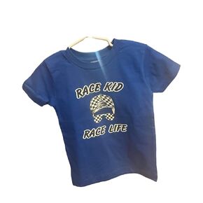 Race kid race life with checkered hat and glasses boy, royal blue, toddler tshirt (2T)