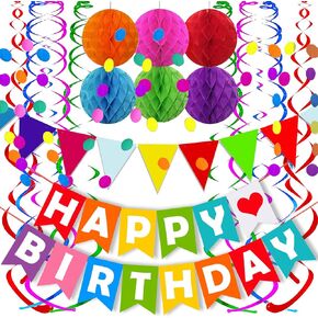 Fecedy Black Orange Happy Birthday Banner Paper Triangle Flag Bunting Circle Confetti Dots Hanging Garland and Honeycomb Ball Swirl Streamers for Birthday Baby Shower Halloween Party Decoration