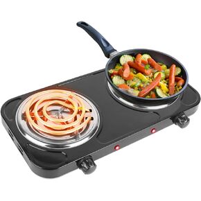 KOCASO 2000W موقد كهربائي مزدوج الشعلة - لوح تسخين كهربائي محمول للطهي، لوح تسخين RV على سطح الطاولة مع أقدام مطاطية غير قابلة للانزلاق و5 تعديلات لدرجة الحرارة