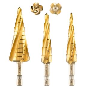 toolant Four Sprial Flute Step Drill Bit, 3/16"-7/8"(3pcs) Impact Ready Titanium Unibit Step Bit, 1/4" Hex Shank Unibit for Metal, Stainless Steel, Aluminum, Wood, Plastic