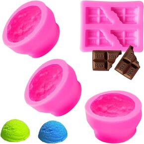 3PCS Scoop 3D Ice Cream Silicone Molds, for Wax Melt Candle Soap Cake Making, TuNan Ball Shape Moulds + 1pcs Chocolate Mold for Birthday Wedding Decoration