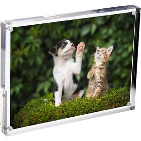 JUXYES Tabletop Picture Frame 5x7 Clear Acrylic Photo Frames, Magnetic Photo Frame Frameless Double Sided Floating Picture Frame, Acrylic Sandwich Frames Desktop Freestanding Magnetic Frames
