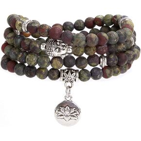 Bivei 108 Mala Beads Necklace Long Beaded Wrap Bracelets Genuine Gemstone Mala Prayer Beads Lotus Buddha Charm Yoga Meditation Necklace
