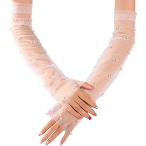 YAEISM Pearl Wedding Gloves White Bridal Gloves Sheer Silk Tulle Gloves Long Detachable Sleeves for Wedding Dresses Thin Fingerless Gloves for Women