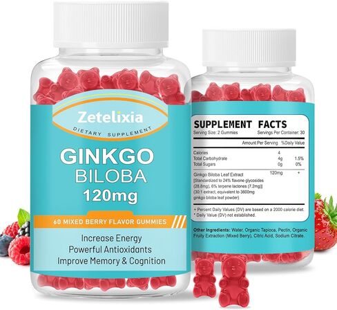Zetelixia 2 Pack Ginkgo Biloba Gummies 120 مجم للنساء والرجال، مكمل للدماغ يحسن المزاج والتركيز بشكل أفضل، نباتي، غير معدل وراثيًا، نكهة التوت الخالية من السكر، 120 قطعة in Saudi Arabia