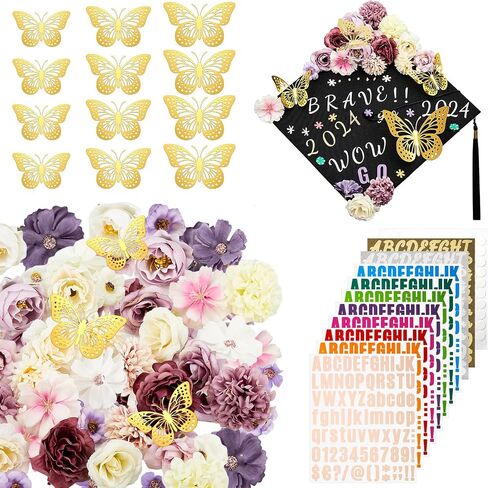 Hanaive 102 Pcs Handmade Graduation Cap Decoration Kit Includes 80 Pcs Assorted Flower Heads 12 Pcs 3D Butterflies Decorations 10 Sheets Glitter Number Letter Stickers for Cap DIY (Blue, White) in Saudi Arabia