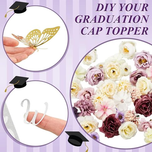 Hanaive 102 Pcs Handmade Graduation Cap Decoration Kit Includes 80 Pcs Assorted Flower Heads 12 Pcs 3D Butterflies Decorations 10 Sheets Glitter Number Letter Stickers for Cap DIY (Blue, White) in Saudi Arabia