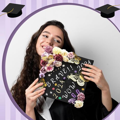 Hanaive 102 Pcs Handmade Graduation Cap Decoration Kit Includes 80 Pcs Assorted Flower Heads 12 Pcs 3D Butterflies Decorations 10 Sheets Glitter Number Letter Stickers for Cap DIY (Blue, White) in Saudi Arabia