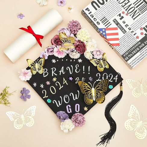 Hanaive 102 Pcs Handmade Graduation Cap Decoration Kit Includes 80 Pcs Assorted Flower Heads 12 Pcs 3D Butterflies Decorations 10 Sheets Glitter Number Letter Stickers for Cap DIY (Blue, White) in Saudi Arabia