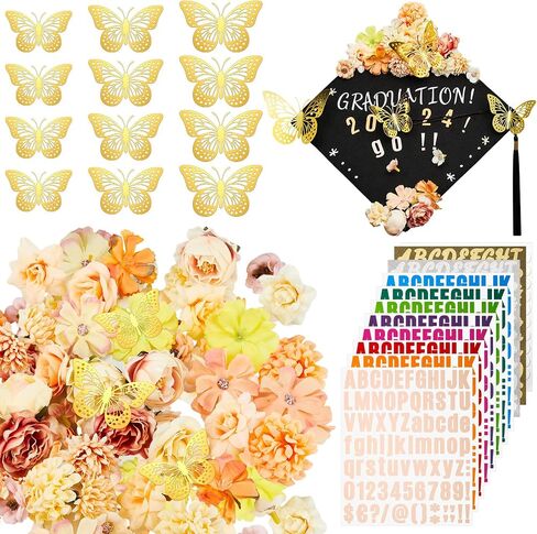 Hanaive 102 Pcs Handmade Graduation Cap Decoration Kit Includes 80 Pcs Assorted Flower Heads 12 Pcs 3D Butterflies Decorations 10 Sheets Glitter Number Letter Stickers for Cap DIY (Blue, White) in Saudi Arabia