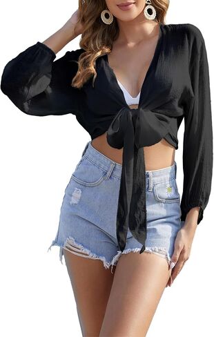 AGKRUNN Women's Beach Cover Up Crop Top Tie Front V Neck Summer Long Sleeve Swimsuits in Saudi Arabia