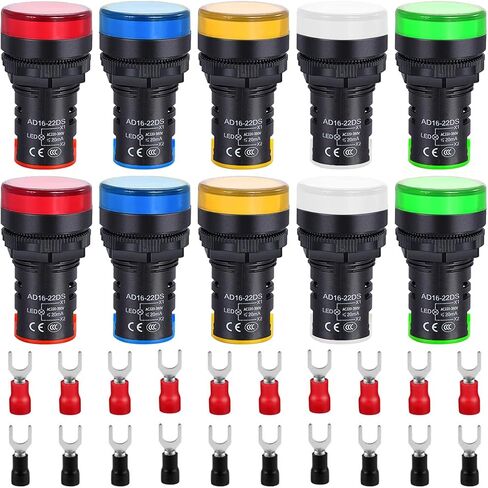 DKARDU 10 Pcs 110V-220V 22mm Energy Saving LED Indicator Light 20mA 5 Color (Red/Bule/Green/White/Yellow) AD16-22DS Signal Lamp Panel Indicator for DIY with 20 Pcs Fork Terminal in Saudi Arabia