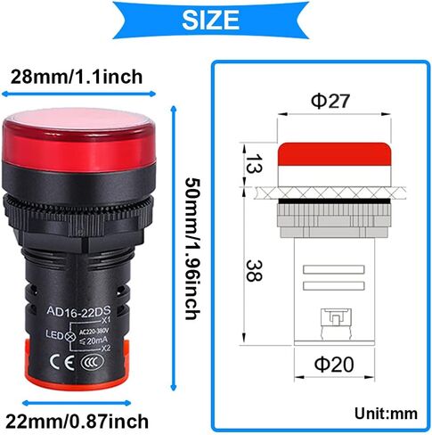 DKARDU 10 Pcs 110V-220V 22mm Energy Saving LED Indicator Light 20mA 5 Color (Red/Bule/Green/White/Yellow) AD16-22DS Signal Lamp Panel Indicator for DIY with 20 Pcs Fork Terminal in Saudi Arabia