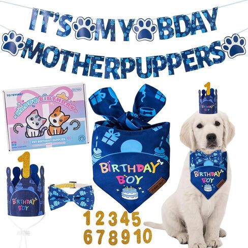 TCBOYING Dog Birthday Party Supplies, Multi Size Offered, Dog Birthday Bandana Banner Boy Hat Bow Tie with Numbers for Small Medium Large X-Large Dogs Pets (Blue, Large) in Saudi Arabia