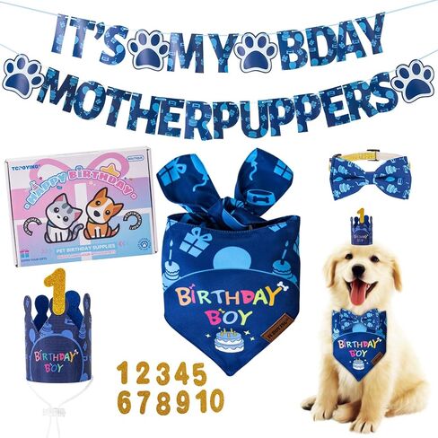 TCBOYING Dog Birthday Party Supplies, Multi Size Offered, Dog Birthday Bandana Banner Boy Hat Bow Tie with Numbers for Small Medium Large X-Large Dogs Pets (Blue, Large) in Saudi Arabia