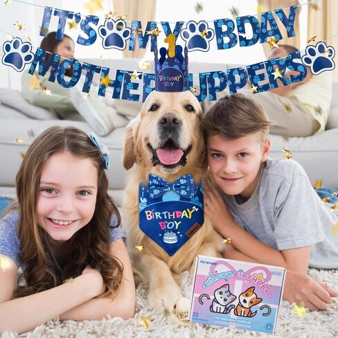 TCBOYING Dog Birthday Party Supplies, Multi Size Offered, Dog Birthday Bandana Banner Boy Hat Bow Tie with Numbers for Small Medium Large X-Large Dogs Pets (Blue, Large) in Saudi Arabia