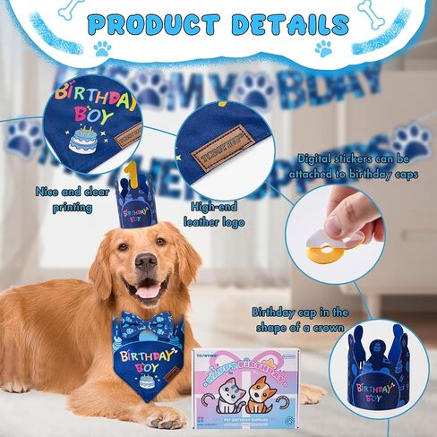 TCBOYING Dog Birthday Party Supplies, Multi Size Offered, Dog Birthday Bandana Banner Boy Hat Bow Tie with Numbers for Small Medium Large X-Large Dogs Pets (Blue, Large) in Saudi Arabia