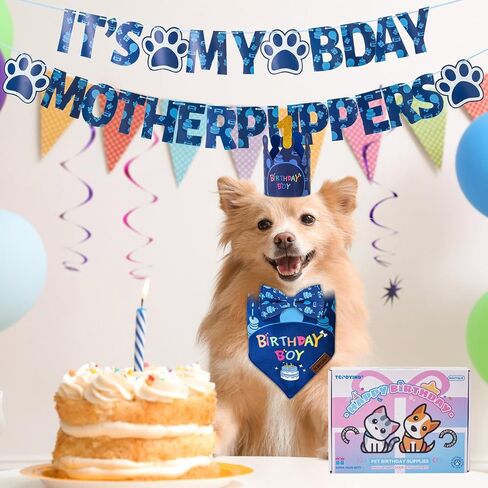 TCBOYING Dog Birthday Party Supplies, Multi Size Offered, Dog Birthday Bandana Banner Boy Hat Bow Tie with Numbers for Small Medium Large X-Large Dogs Pets (Blue, Large) in Saudi Arabia