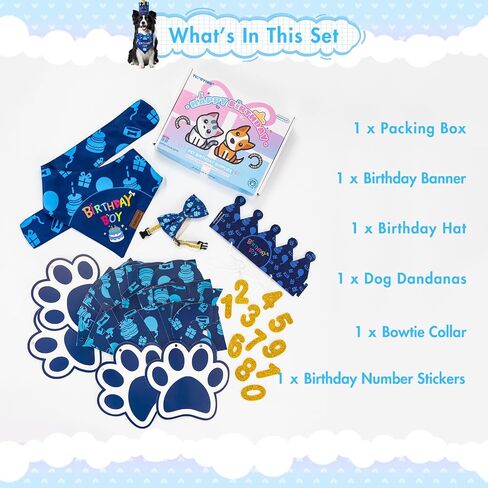 TCBOYING Dog Birthday Party Supplies, Multi Size Offered, Dog Birthday Bandana Banner Boy Hat Bow Tie with Numbers for Small Medium Large X-Large Dogs Pets (Blue, Large) in Saudi Arabia