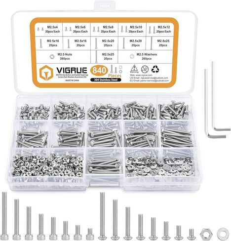 VIGRUE 840 PCS M2.5 x 4/6/8/10/12/16/20/25mm Hex Button and Socket Head Cap Screws Nuts Washers Assortment Kit with Storage Box in Saudi Arabia
