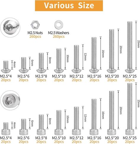 VIGRUE 840 PCS M2.5 x 4/6/8/10/12/16/20/25mm Hex Button and Socket Head Cap Screws Nuts Washers Assortment Kit with Storage Box in Saudi Arabia
