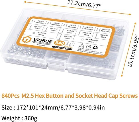 VIGRUE 840 PCS M2.5 x 4/6/8/10/12/16/20/25mm Hex Button and Socket Head Cap Screws Nuts Washers Assortment Kit with Storage Box in Saudi Arabia