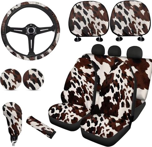 Yzaoxia Brown Cow Print Car Seat Covers and 15 Inch Car Steering Wheel Cover Car Coasters Gear Shift Knob Cover Car Handbrake Cover Headrest Cover Car Cup Coaster, Cowhide in Saudi Arabia