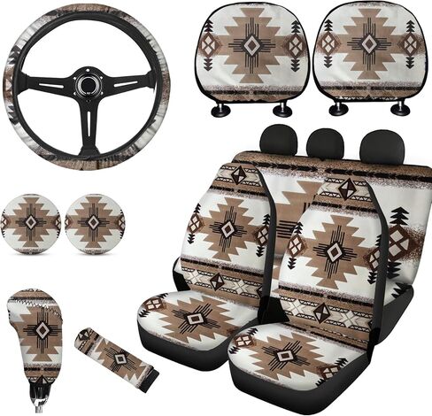 Yzaoxia Brown Cow Print Car Seat Covers and 15 Inch Car Steering Wheel Cover Car Coasters Gear Shift Knob Cover Car Handbrake Cover Headrest Cover Car Cup Coaster, Cowhide in Saudi Arabia