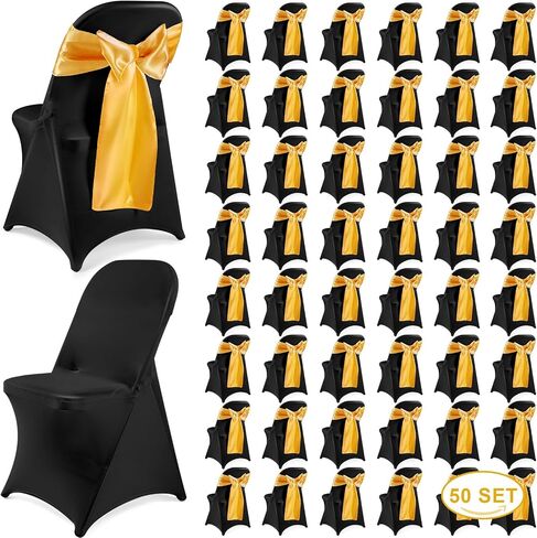 Lounsweer 100 Pcs Folding Chair Cover Set with 50 Satin Chair Sashes Bows and 50 Stretch Spandex Cover Protectors Chair Ribbon Bows Chair Chair Slipcovers for Wedding Banquet Event(Black, Gold) in Saudi Arabia