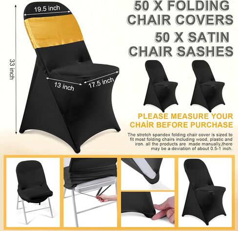 Lounsweer 100 Pcs Folding Chair Cover Set with 50 Satin Chair Sashes Bows and 50 Stretch Spandex Cover Protectors Chair Ribbon Bows Chair Chair Slipcovers for Wedding Banquet Event(Black, Gold) in Saudi Arabia
