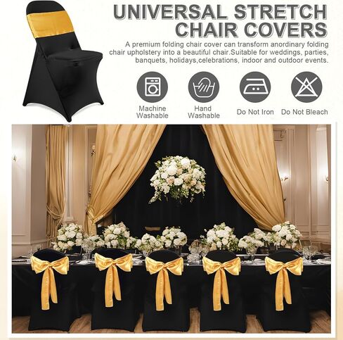 Lounsweer 100 Pcs Folding Chair Cover Set with 50 Satin Chair Sashes Bows and 50 Stretch Spandex Cover Protectors Chair Ribbon Bows Chair Chair Slipcovers for Wedding Banquet Event(Black, Gold) in Saudi Arabia
