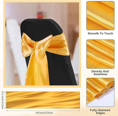 Lounsweer 100 Pcs Folding Chair Cover Set with 50 Satin Chair Sashes Bows and 50 Stretch Spandex Cover Protectors Chair Ribbon Bows Chair Chair Slipcovers for Wedding Banquet Event(Black, Gold) in Saudi Arabia