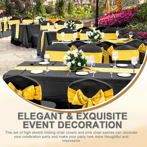 Lounsweer 100 Pcs Folding Chair Cover Set with 50 Satin Chair Sashes Bows and 50 Stretch Spandex Cover Protectors Chair Ribbon Bows Chair Chair Slipcovers for Wedding Banquet Event(Black, Gold) in Saudi Arabia