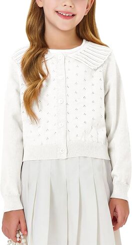 Girls Peter Pan Collar Cardigan Kids Cute Button Down Hollow Out Kit Tops Clothes 4-14 Years in Saudi Arabia
