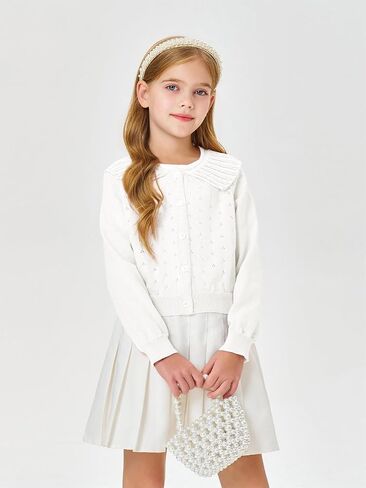 Girls Peter Pan Collar Cardigan Kids Cute Button Down Hollow Out Kit Tops Clothes 4-14 Years in Saudi Arabia