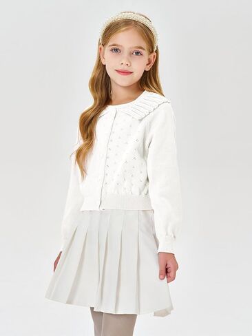Girls Peter Pan Collar Cardigan Kids Cute Button Down Hollow Out Kit Tops Clothes 4-14 Years in Saudi Arabia
